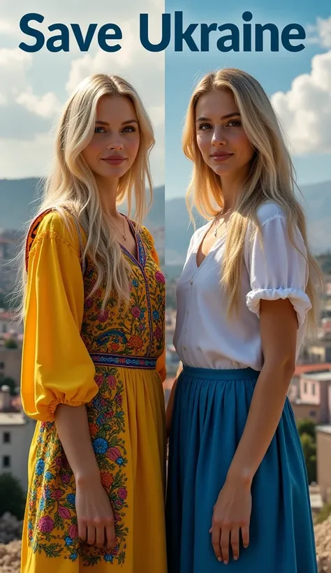 Two blonde women standing side by side. One is dressed in a traditional Ukrainian costume with vibrant embroidery, while the other wears modern casual clothing. The background is split vertically into two contrasting halves: one side showcases a beautiful,...