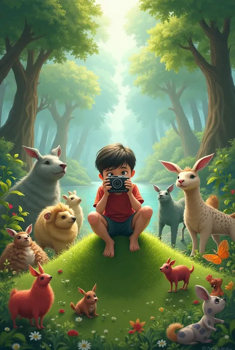 I want to creatively create the animals in the environment and a mound in it with a boy sitting on it and a camera close to him.