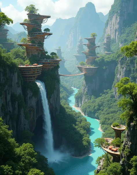 a waterfall with a house on top of it surrounded by trees, fantasy architecture, made of tree and fantasy valley, futuristic valley, skyscraper forest community, mountainous jungle setting, with trees and waterfalls, build in a forest near of a lake, city ...