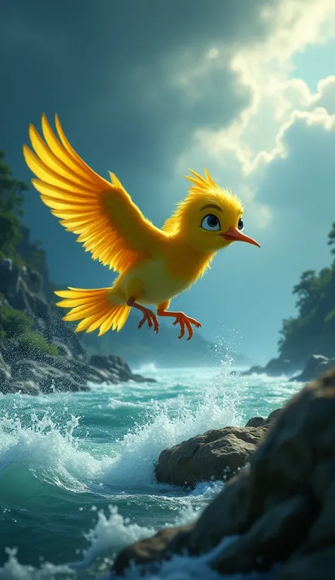 Create a Disney Pixar style wide shot of a small, determined bird (bright yellow feathers, small beak, and wide eyes) struggling to fly against strong gusts of wind over a large, turbulent river. The bird is placed in the center of the frame and is depicte...