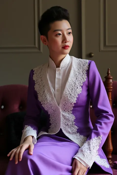 A Korean man in ladies vintage suit dress, he is crossdresser, breasts like a woman, slender female body, His hairstyle is short and manly, purple and white, long sleeves, Rich lace and frills, mermaid skirt, silk, sit quietly