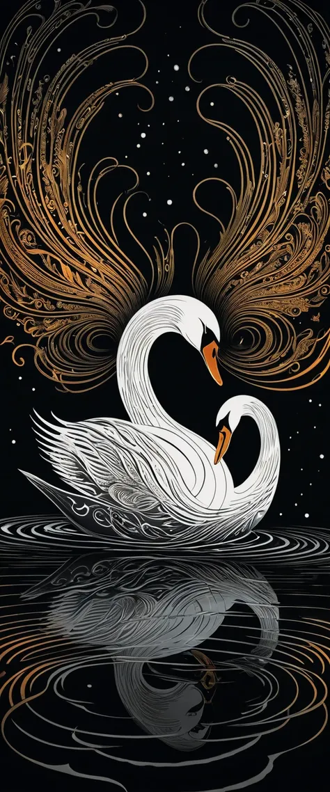 The swan of Tuonela in the Finnish epic poem "Kalevala" floats on a pitch black lake, the swan is radiating with a light that seems like life is burning from its entire body,