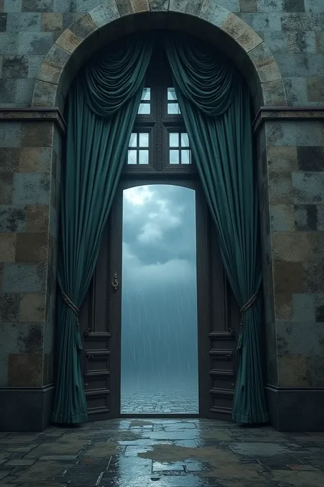 Make an old wall and windows with old luxury curtains , and a door in the middle of the wall to open and act as if the night sky is cloudy and rainy outside