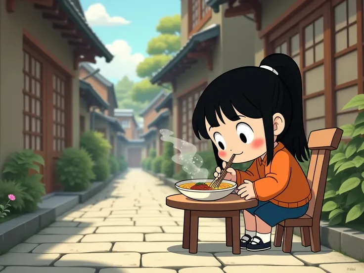 Retro Ghibli scene, cobblestone path, cute girl eating ramen on table, minimal shading, bold, lined, 2D, flat, low detail, animated film pioneer