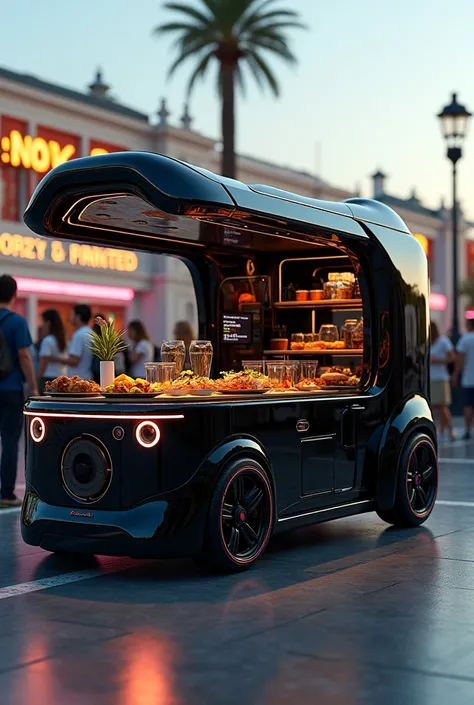  futuristic gourmet street cart to sell products and food , Food by Luxuoso Primium Black, Neon headlight, open sides and roofless ,  more realistic modern design with technological and beautiful shapes ,  looking like a car from the future ,  set at dayli...