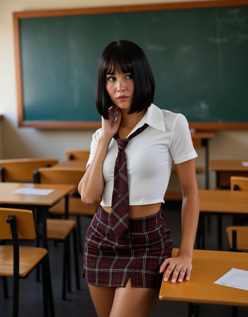 aitana ocaña, dressed as a sexy schoolgirl, in a classroom