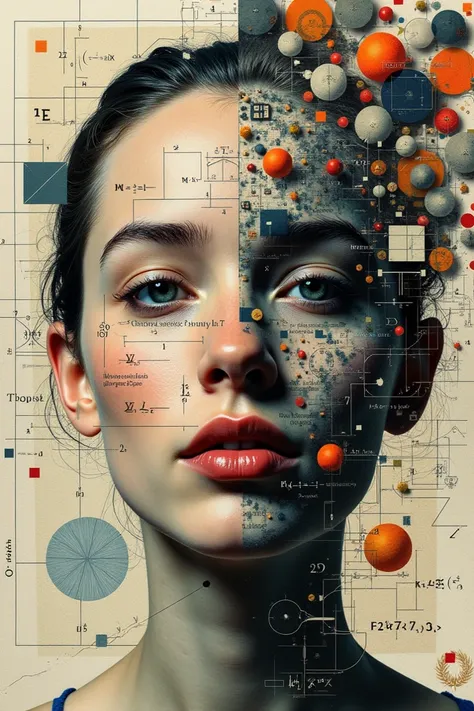 Human face in collage art made of mathematical concepts 