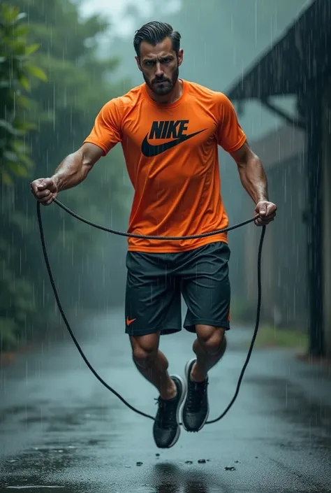 A man wearing a Nike T-shirt is jumping rope in heavy rain 