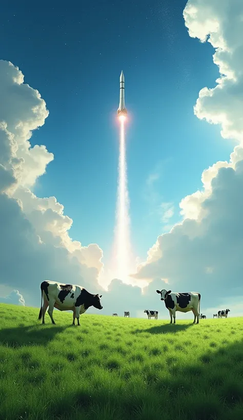 In a vast, lush green pasture, Holstein cows graze leisurely on the grass, while a rocket soars into space in the sky above. The scene portrays a vision of the future, with the color palette of the sky blending the bright blue of the heavens with cosmic el...