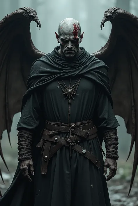 a black man wearing a dark worn cloak from the medieval era. wings made of bones grow from his back (a membrane of blood and tar stretches between the bones). Him face is destroy. He has scars of face and no one eye ( this is a human face. Black human face...