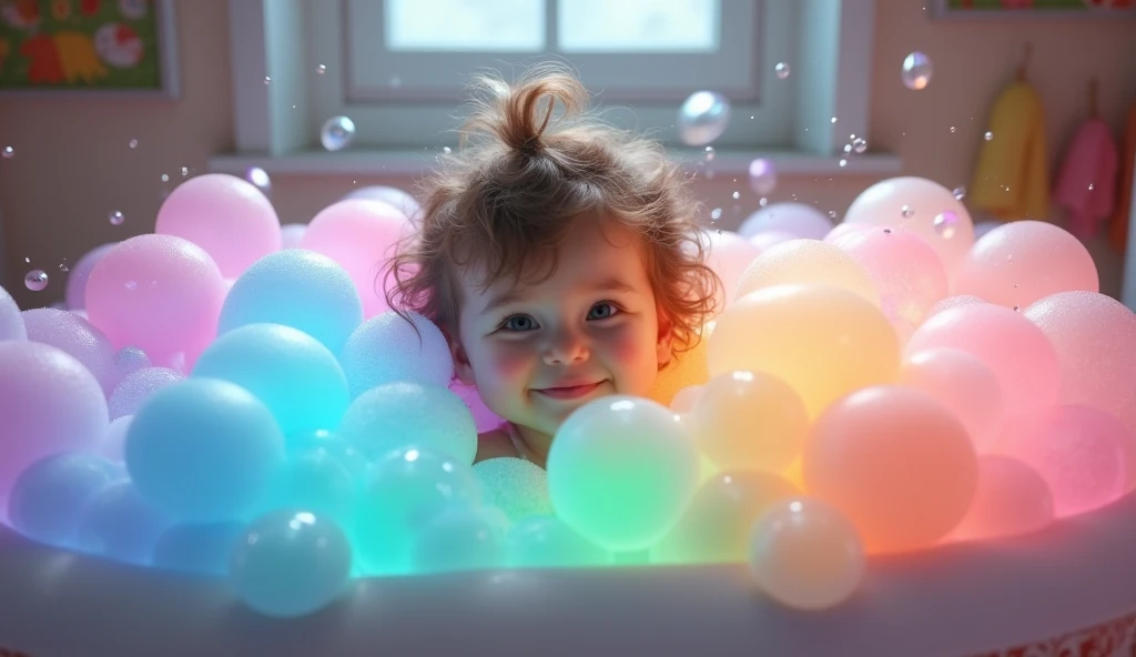 Prompt:** The toddler is in a whimsical bathtub filled with bubbles. They hide behind a mountain of glowing, rainbow-colored bubbles. On “Peekaboo,” the bubbles pop gently to reveal their smiling face. On “Ah… Achoo!” the sneeze causes bubbles to explode i...