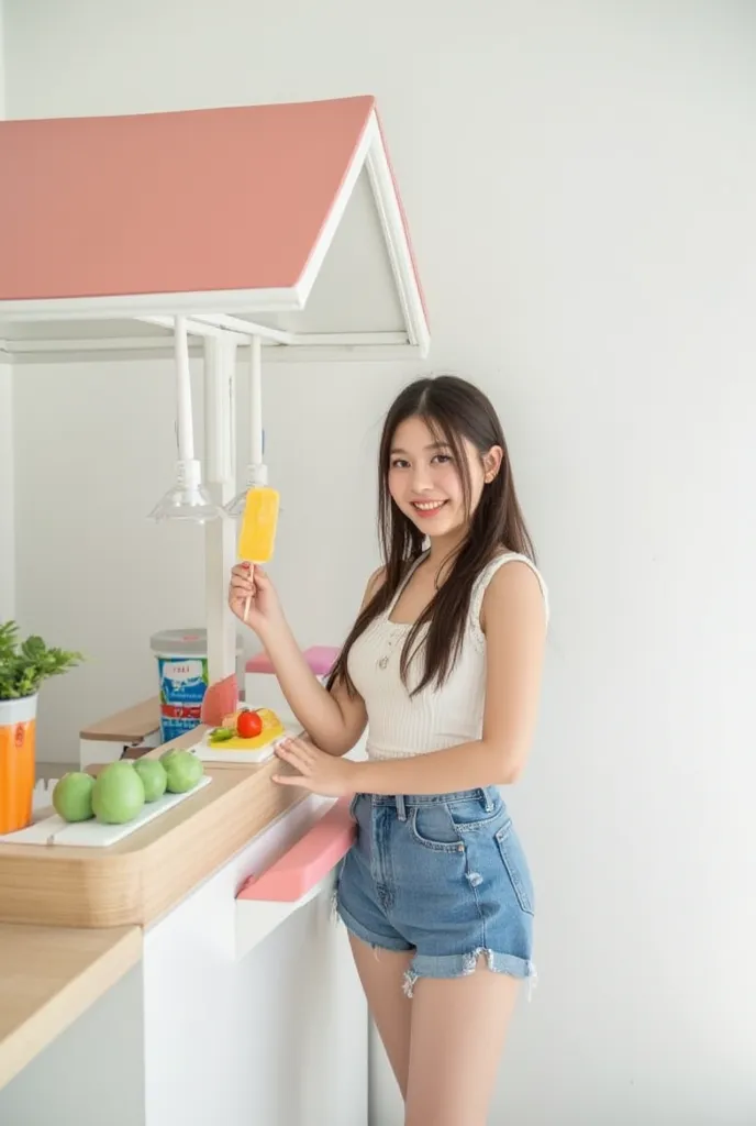 thai girl, single breasted tops , jeans shorts, white sneakers ,popsicle stand, white background