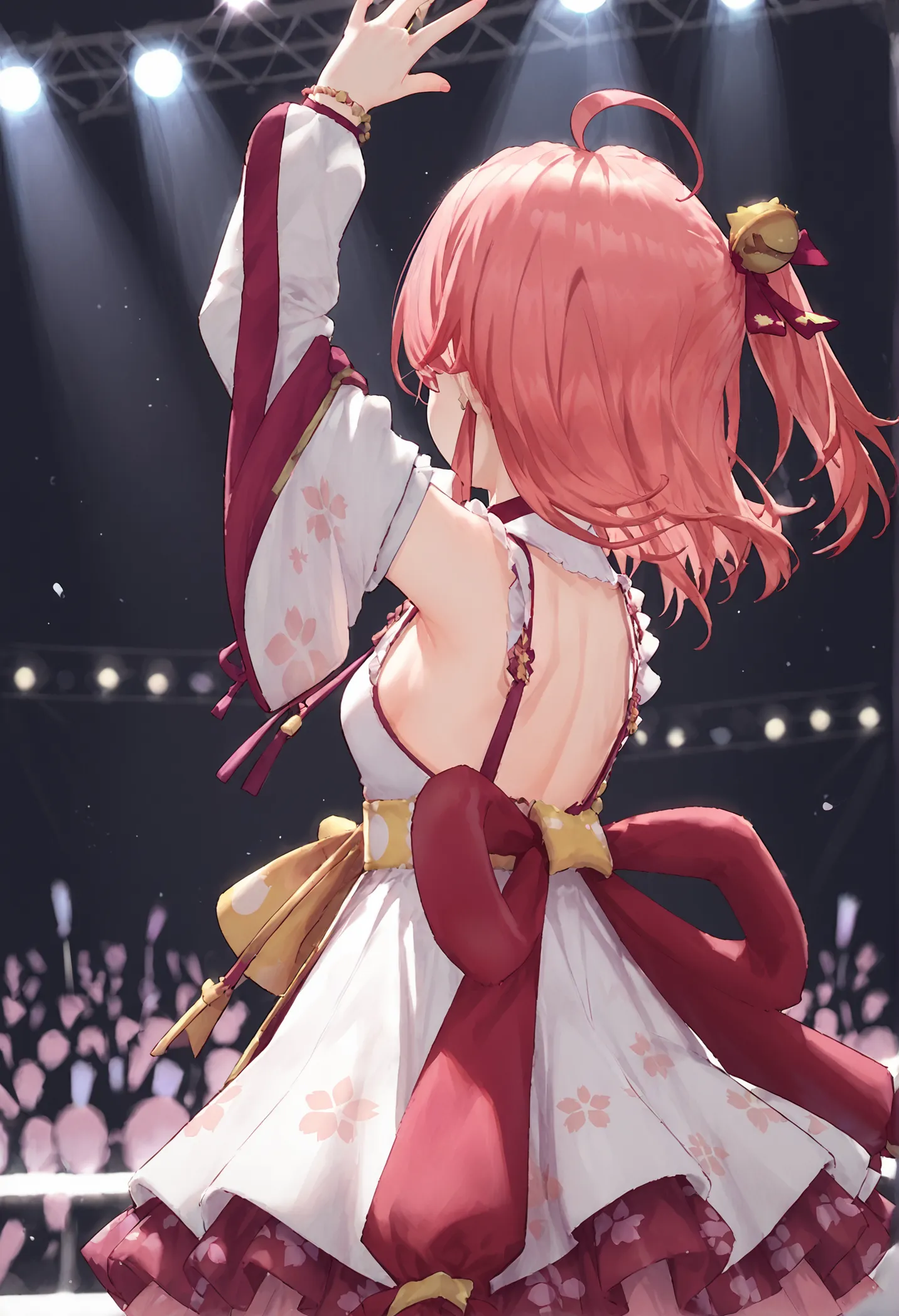 score_9, score_8_up, score_7_up, 1girl, solo, miko_nml ,pink hair,ahoge, concert, virtual youtuber, idol, from behind, stage, st...