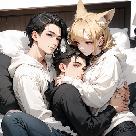 2 characters, ((First female, ((Long Black hair)), Fox ears, brown eyes, Goth outfit)) BREAK ((Second Male Short blonde hair, Fox ears, blue eyes)), White hoodie, Black jeans, Cuddling in bed