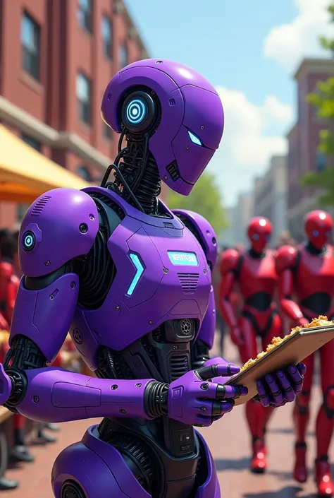 Create a purple robot with Best-Star-E nametag evaluating food as jury while holding paper at a food festival in front of SAC school with red robots watching