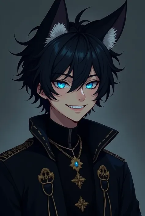   The guy with dark tousled hair  .  He has blue eyes .,   theyre slightly lit  .   He dressed in black clothes with gold elements  .   Two fluffy cat ears peek out between the ruffled locks of hair.  He was tired .   He survived the Paris disaster ,   whi...