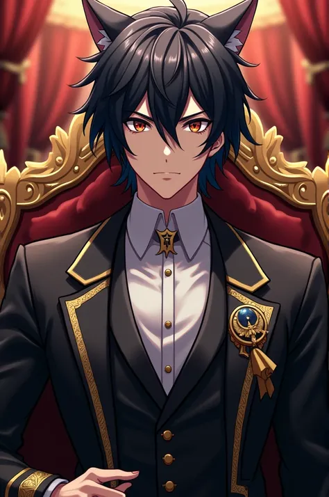 Male anime cat black colored hair serious royal suit 