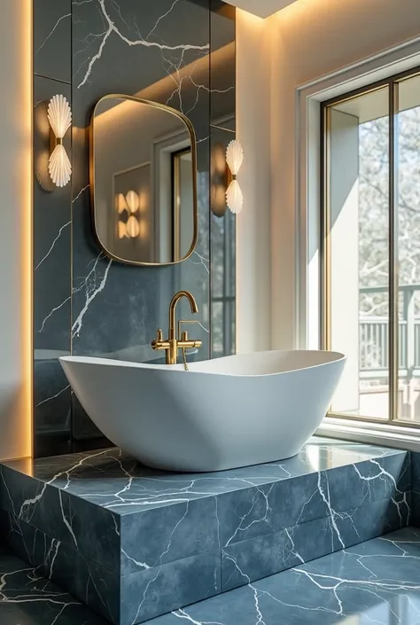 raw photo, contemporary bathroom, raw photo, realism, bathtub in blue marble, golden faucet, mirrored wall behind this bathtub, blue marble flooring in mosaic shape, window, natural light coming in, 8k, super detail, best quality, super detail, UHD, high q...