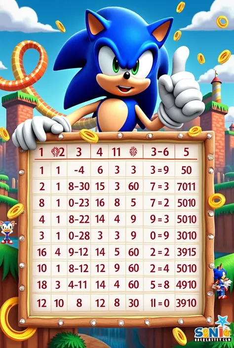 A multiplication table template themed with the character Sonic 