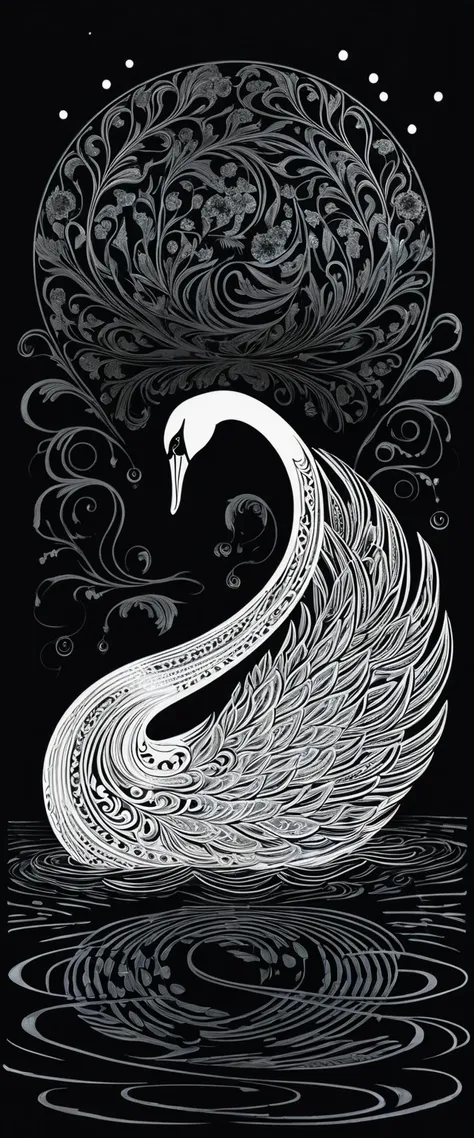 The swan of Tuonela in the Finnish epic poem "Kalevala" floats on a pitch black lake, the swan is radiating with a light that seems like life is burning from its entire body,