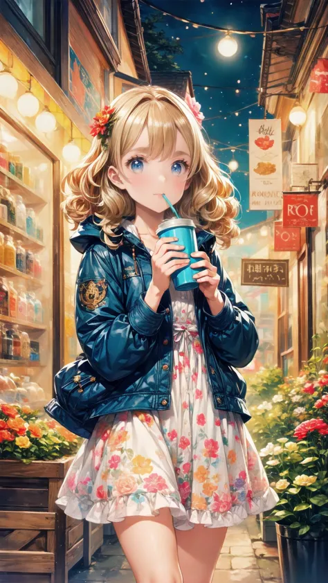 best quality,  very ，cute ,  blonde alone, curly hair, evil，floral dress，  down jacket ，i would like to drink coffee from the sh...