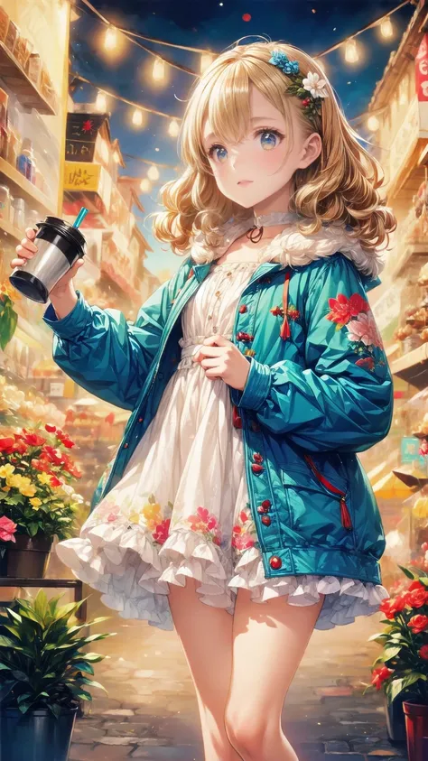   best quality,  very ，cute ,  blonde alone, Curly hair, evil，Floral Dress，  down jacket ，I would like to drink coffee from the shop on the night of the festival.，