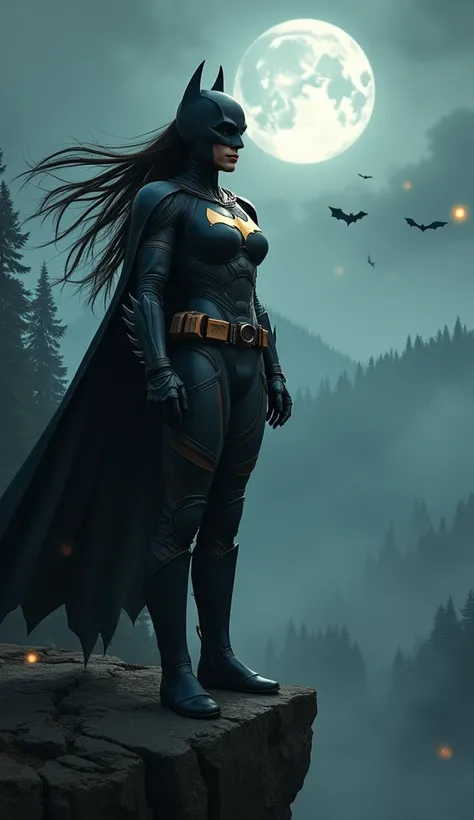 A realistic full-body depiction of a hybrid character combining Pocahontas and Batman, standing stoically on a cliff edge under a moonlit sky. She wears a dark, sleek suit blending Batman’s armored style with earthy tones and tribal designs inspired by Poc...