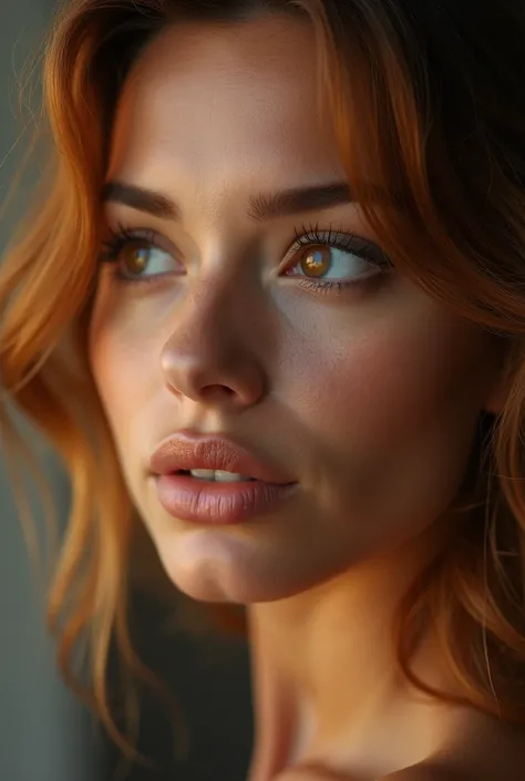 30 years latina woman, high cheekbones, mysterious gaze, oval
 faceshape, light brown eyes, almond eyes shape, medium arch eyelashes, full lips, big nose,
 Strawberry Blonde Hair, looking away