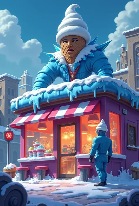 "A colorful ice cream shop with a giant ice cream cone statue on the roof. The shops front windows are shattered, and an alarm light flashes red. Inside, the villain Frostbite, wearing a frosty blue outfit with icy spikes on their shoulders, is loading tub...