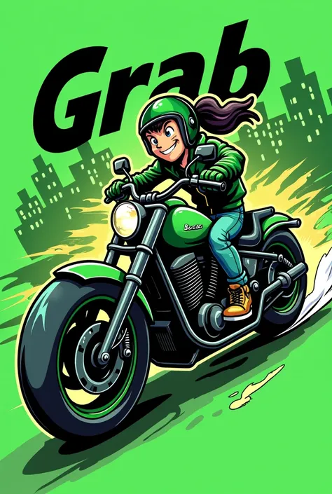 make a design with text "grab" and animasi cartoon biker in motorcycle with text "grab" with color green and black