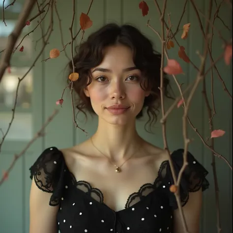 Surreal portrait, vintage aesthetic, dreamy atmosphere with muted tones. The scene is softly covered by thin intertwined branches with leaves reflected on the glass and casting shadows on the face of a woman standing behind it. The woman has an adorable an...