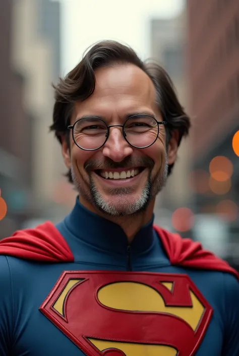 A realistic portrait of an American steve Jobs smiling warmly, wearing a classic red and blue Super-Man suit, styled with vibrant and dynamic details reminiscent of Artgerms works. The background features New York City with a soft blur effect, emphasizing ...