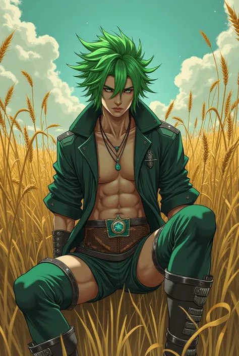 Sakuya ,  magic punk style ,  incredibly absurd , Concept Art,  Top Quality,  perfect lighting , illustration, Vanishing point,  Sitting ,  looking at viewers, 성숙한 male 캐릭터, 1st son, (There is no mouth:1.3), male 초점, male, Green hair, dyed bangs , sparklin...