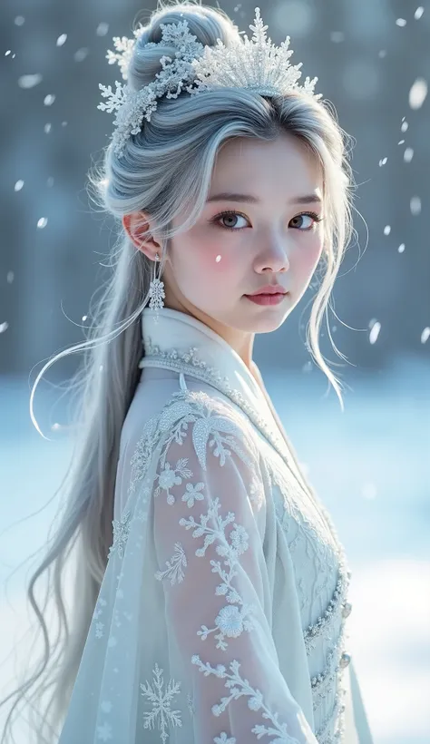 A beautiful girl in a white crystal hanbok decorated with elegant transparent frosted patterns The girl was standing behind a snowstorm The girls hair was silver The crown on the girls head was like an elegant transparent snow