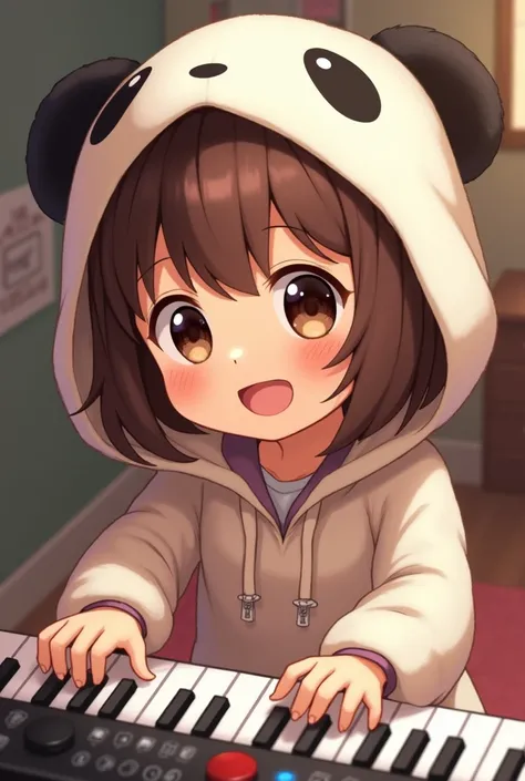 A girl with short hair, brown hair, brown eyes, big eyes, a good smile, a lot of cheeks, playing the keyboard, wearing a panda hat.