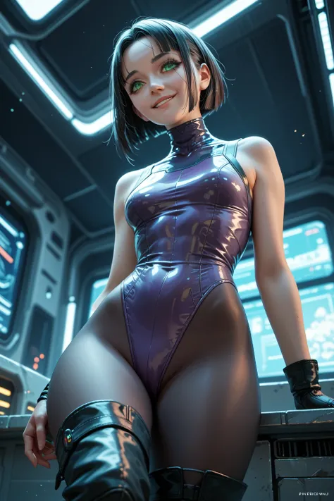    cinematic angle 　Bust close-up from directly below  　whole body　            girl　1 person　　18 years old　     Green Eyes to Tears      　smile　   black bob cut that looks like forehead  　         can be seen on the forehead 　  purple high neck leotard    ...