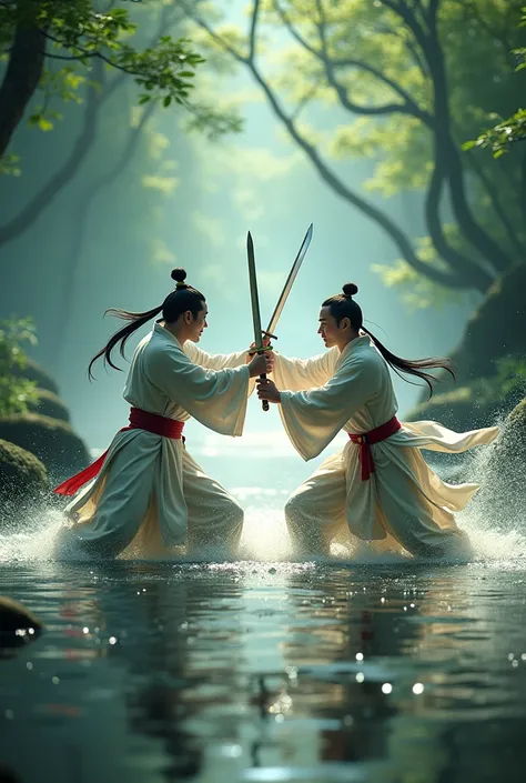  Two Asian men in traditional clothes are fighting in the river,  digital art by Raymond Han , cgsociety contest winners, Fantasy art, Wu Xie, Cinema.  by leng jun ,  beautiful digital art , full body Wu Xie, Stunning 8k artwork, Chinese fantasy, 4k art, H...