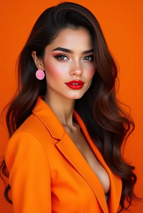  visos
Copy
The image is a portrait of a woman with long brown and black hair. she is looking directly at the camera.  She has bright red lipstick on her lips and is wearing a pair of pink earrings. The background is a solid orange color ,  and the woman i...