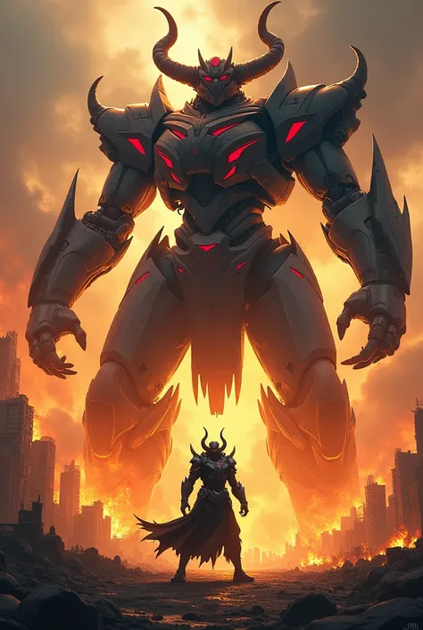  In a burning city the scene where the ancient power Yellowwater King fights a battle with a villain monster about 55 meters in size Angry Head in a 2D image
 Try drawing.  Draw a robot mecha 52 meter in size in a burning city where the difference in size ...