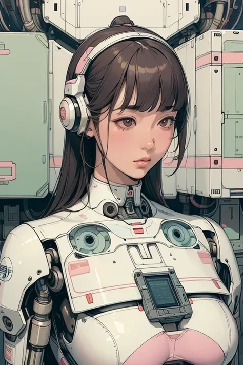 masterpiece, best quality, extremely detailed,portrait,front view,Japaese android girl,Plump,pastel color uniform, control panels,android,Droid,Mechanical Hand, Robot arms and legs,Blunt bangs,long tube,thick cable connected her neck