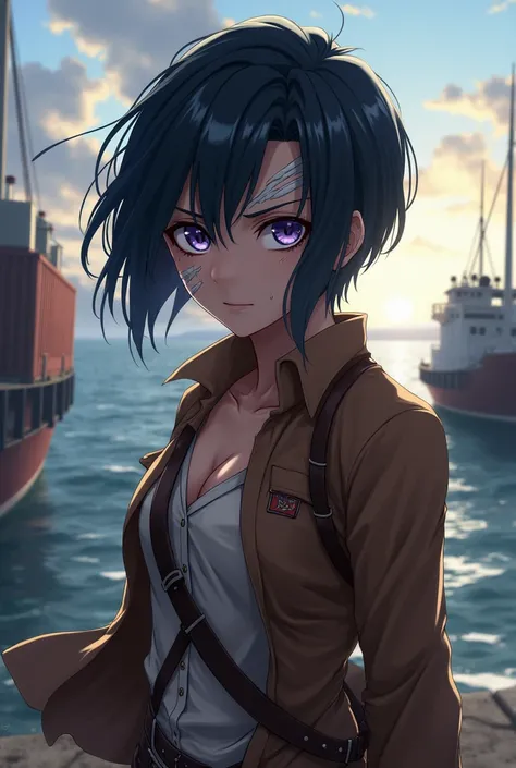 Attack on Titan, fem with short, messy indigo black hair, purple-blue eyes, she wore a brown jacket, inside was a shirt, bandaged face, cold expression, afternoon scene at the seaport 