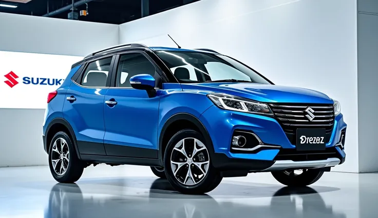 A full attractive hd photo of new 2025 Maruti Suzuki Brezza blue color of exterior. A white shiny showroom background logo on the wall. A car with side view of vehicle.