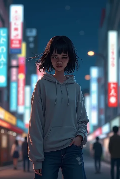 (8k, RAW photo, best quality, masterpiece:1.2), (realistic, photo-realistic:1.37), ultra-detailed, 1 woman, solo, beautiful detailed sky, detailed tokyo street, (night:1.2), beautiful detailed eyes, hoodie, denim, (short hair), hair blowing in the wind, fl...