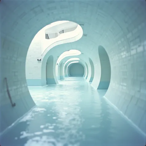 Liminal space, poolrooms , , poolrooms  con azulejo blanco, small white tile ,  circular water slides, snowy environment, snow, snow sobre los toboganes, white light, vhs filter,  blurred vision ,  point of view