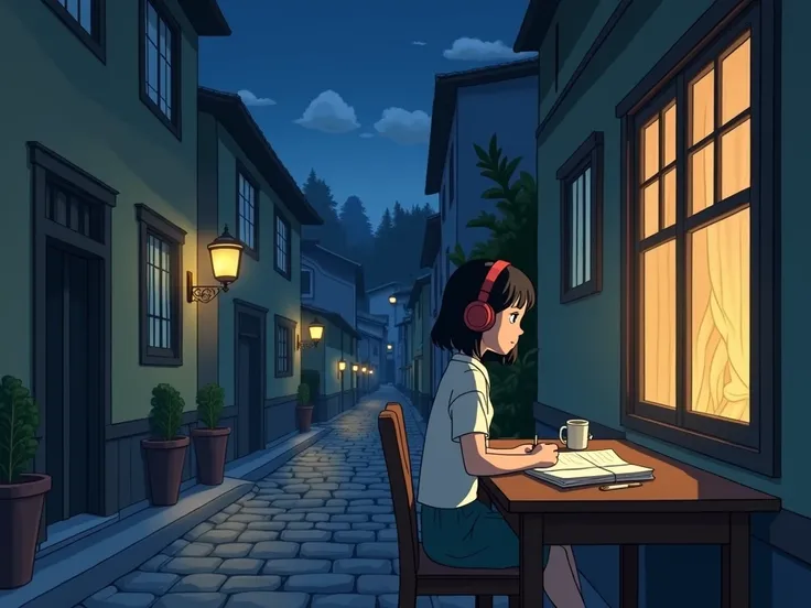 Retro Ghibli scene, cobblestone path, studying girl wearing a headphone, minimal shading, bold, lined, 2D, flat, low detail, animated film pioneer, 창문 앞 책상, 밤, night, city