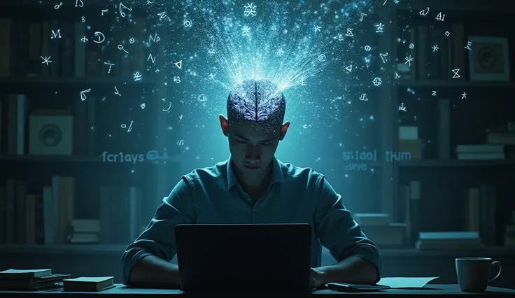 A person sitting at a desk surrounded by mathematical equations and symbols glowing around their head. The person’s brain is lit up, symbolizing increased intelligence and cognitive power through practicing math