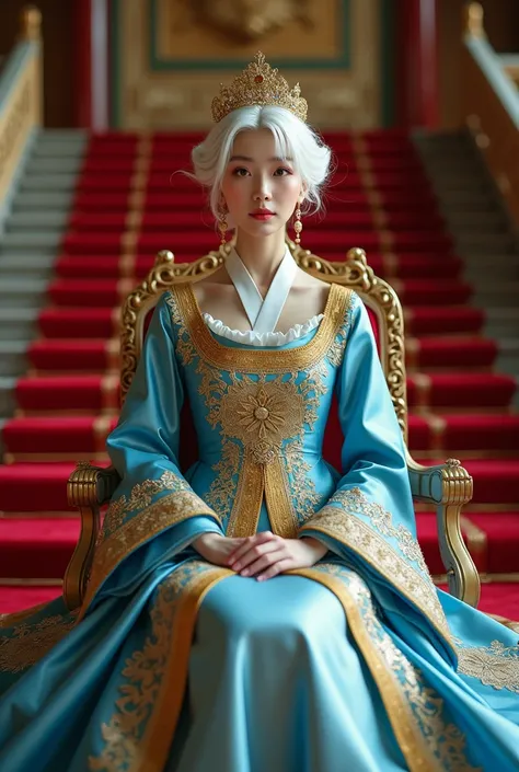  In the distance you can see a real Korean woman with completely white semi-wavy and short hair with bangs , sitting on a throne at the end of some stairs and on her feet a red carpet  ,dressed in a huge blue and gold dress like a princess from the Victori...