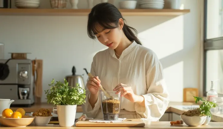 Beautiful woman putting natto in a blender