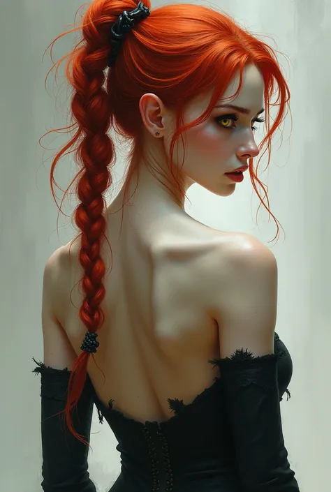 (masterpiece:1.2), (pale skin:1.2), (solo:1.2), (female:1.1), (emphasis lines:1.3), red hair, bare back, shoulder blades, from behind, bare shoulders, braids, yellow eyes