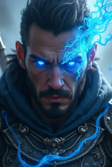  The penetrating, blue gaze stands out on the face of a fierce armed warrior,with filaments of blue magic flying around his face , further highlighting her beauty . fantasy style epic .